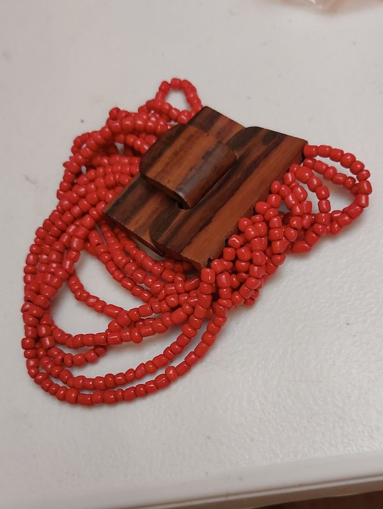Summer Vibes Multistrand Coral Red Beads Necklace with Interlocking Wooden Clasp