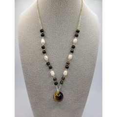 Vintage Tiger’s Eye Freshwater Pearl Necklace Sphere Ball Seed Beads Y Pendant