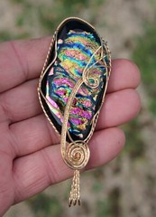 Large Dichroic Glass Pendant 14K Gold Filled Wire-Wrapped Iridescent Multi Color