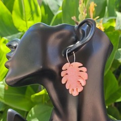 Handmade Resin Monstera Leaf Dangle Earrings Dark Pink Shimmer Tiki VLV Retro