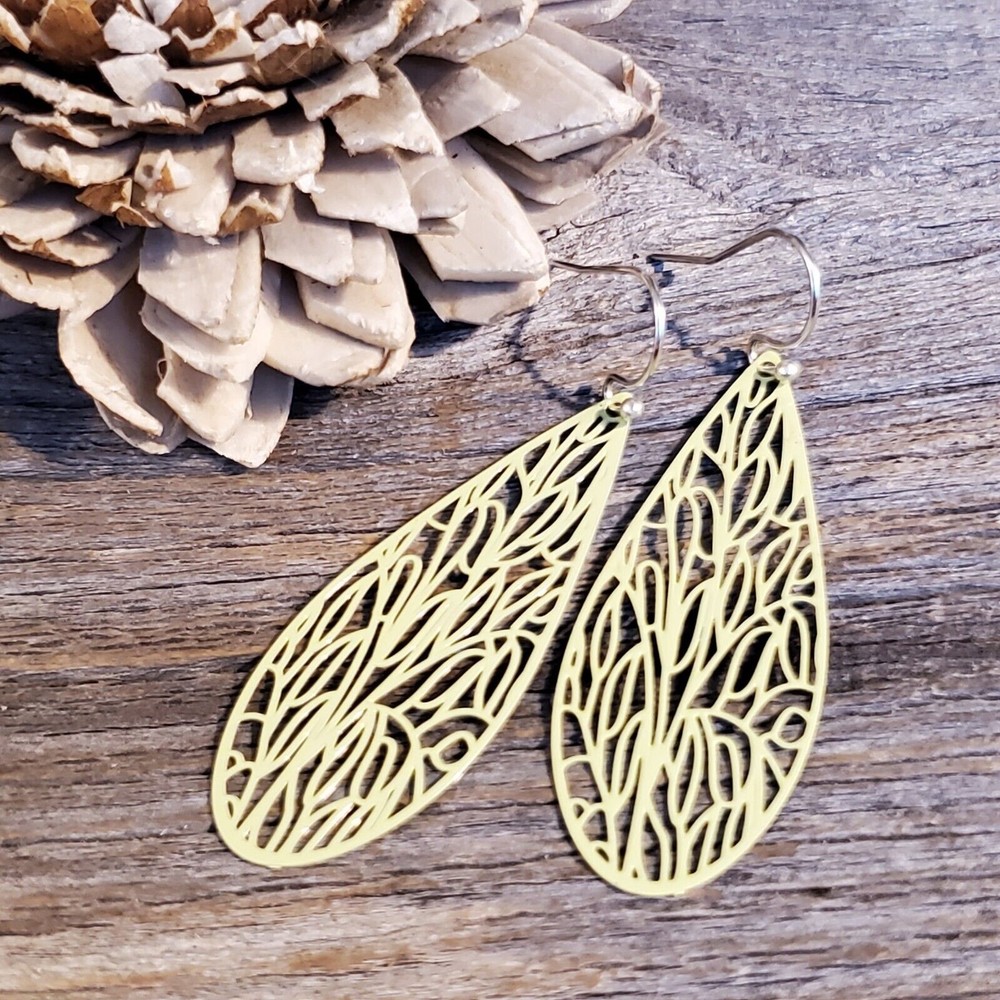 Handcrafted Lacy Yellow Green Filigree Slim Teardrop Enamel Pendant Earrings