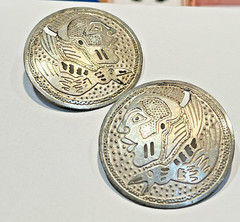 Vintage Large Nickel Plated (NP) Aztec Eagle Warrior Earrings 1 1/2″ Diam.