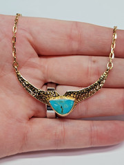 HANDMADE 14k Hammered Texture Chevron Plate Turquoise Cabochon 14.5-17″ Necklace