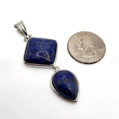 Natural Lapis Lazuli Two-Stone Pendant Silver Plated Geometric Square & Teardrop