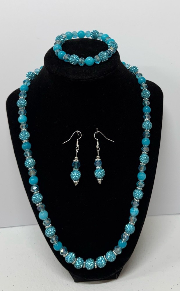 Handcrafted Turquoise Crystal Jewelry Set Necklace Bracelet Earrings Silver