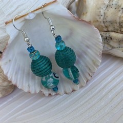 Boho style Teal Earrings Handcrafted Glass Wood Acrylic Sterling Silver