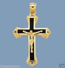 3D Mens SOLID Cross Crucifix with Black Onyx Real 14K Yellow Gold