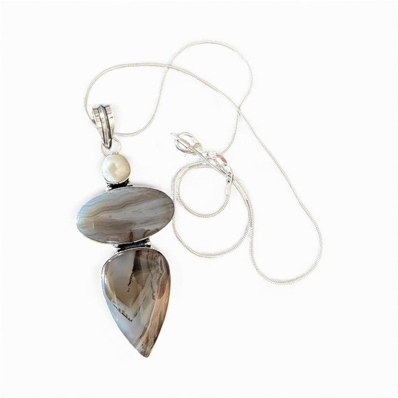 Handcrafted banded agate and freshwater pearl silver plated