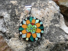 Flower Mosaic Micro Inlay Multi Gemstone Fire Opal Sterling Silver Pendant AG61