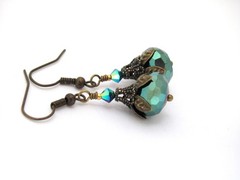 Green Blue Crystal Earrings Antiqued Brass Vintage Design Victorian Style Chic