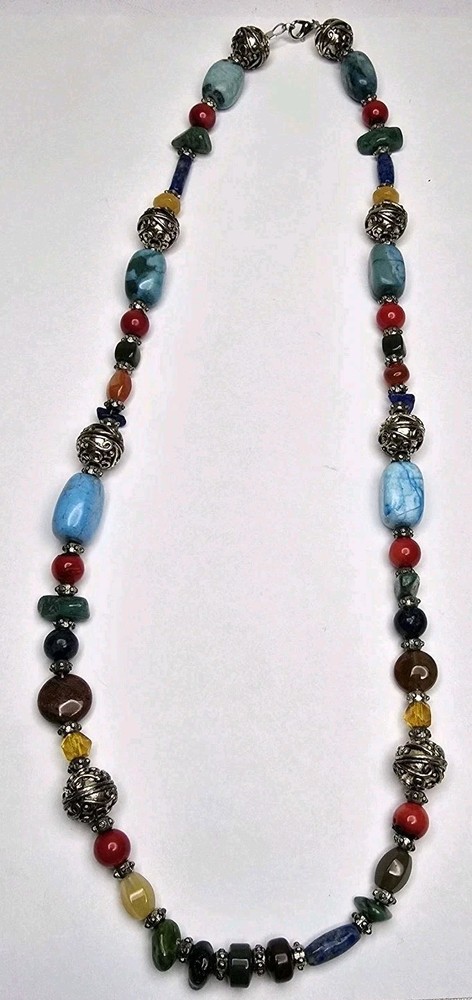 Assorted Semi Precious Stone Beaded Silver Tone Necklace 23″ Jade Coral