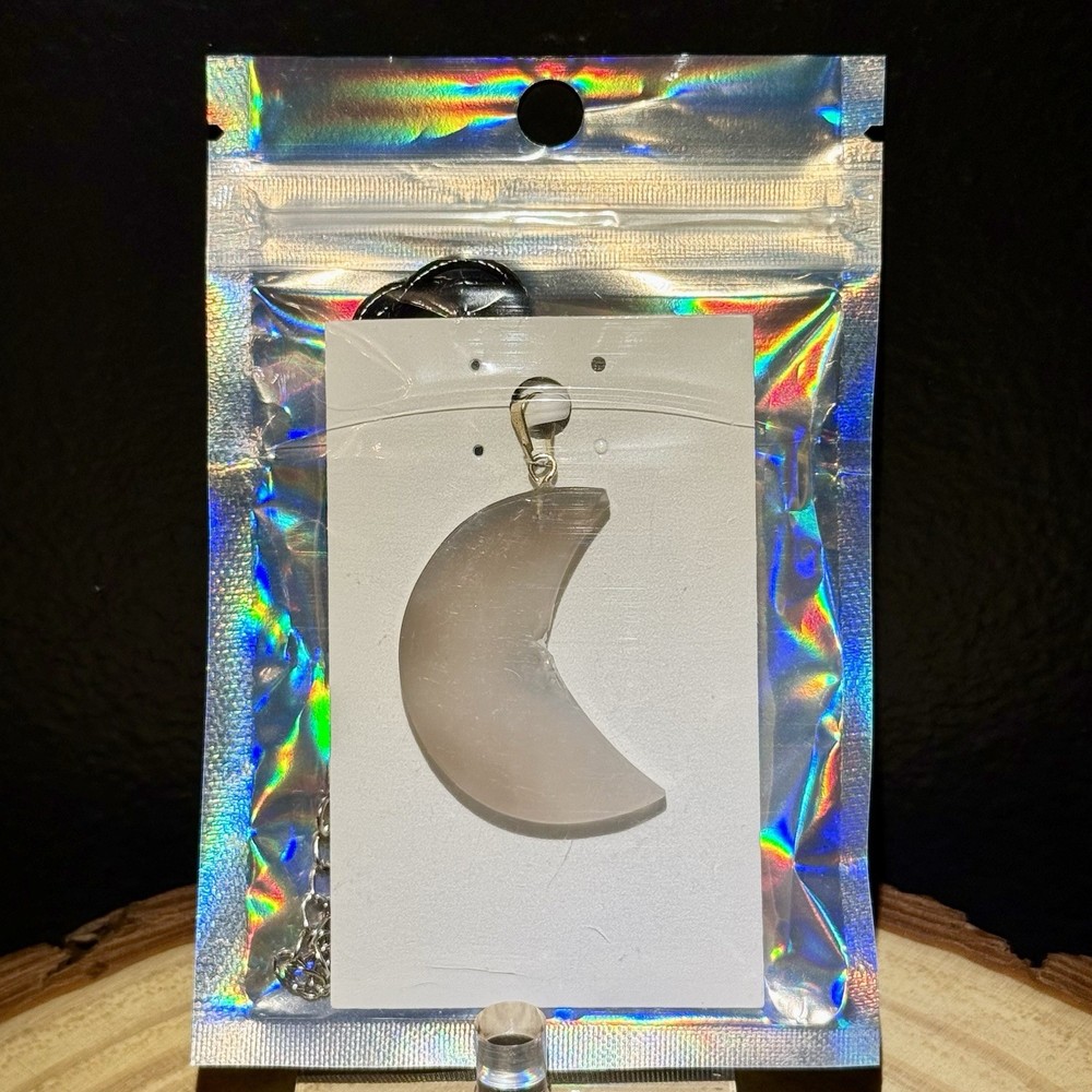 Crescent Moon Agate Slice Stone Pendant with 15” Leather Cord