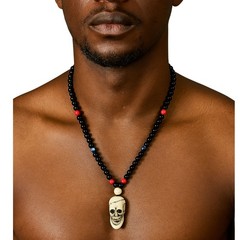 Black Beaded Human Skull Pendant Necklace – Handmade African Statement Jewelry