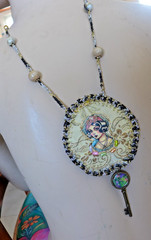 Handmade Crocheted art Necklace Cotton Fabrics embroidered crocheted+ Beads