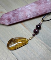Amber Necklace With Garnet Gemstones, Gold Wired Healing Jewelry Artisan Made