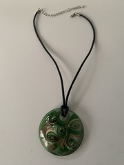 Pendant Green Glass Gold Foil & Necklace Lacing 15-18 In Adjustable Length