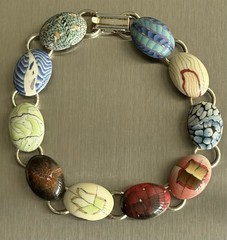 Porcelain Multicolor Design Bracelet 7.5in Round Chain Link Silver Tone Ladies