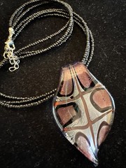 Beautiful 90s Art Glass Pendant Necklace Blue/Silver /Copper 3 Strands Beads 912