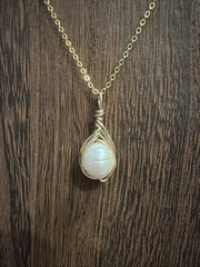 Wire Wrapped Freshwater Pearl Pendant On 18k Gold Plated Chain Handmade Jewelry