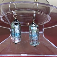 Silver Foil Cased Glass Cylinder w/Blue-Pink Stripe Drop Dangle Earrings 2” .925