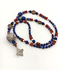 Vintage Ethiopian Coptic Cross Lapis Lazuli Venetian Bead Necklace 30″