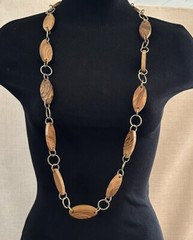 Artisan 42″ Wood Beaded Necklace – Oval Flat Beads with Round Link Stations