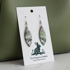 Green Black Silver Marbled Print Handmade Polymer Clay Dangle Earrings SS Wires
