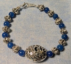 Handmade beaded bracelet 8″ Round navy blue glass beads Silver plated spacers