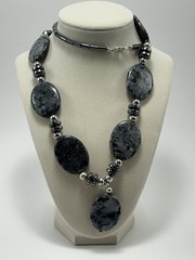 Larvikite Labradorite Hematite Silver Beaded Necklace Handmade Blue Flash Oval