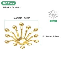 100-Pack 13mm x 3.5mm ( W x H ) Bead End Caps Flower Stamen [Silver, Gold]