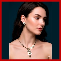 Silver Necklace Earrings Set Floral Green Y-Drop Crystal Leaf White Mother Pearl