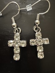 Nickel Free Silver Shepherd Hook, Clear Rhinestone Cross Earrings W/stoppers