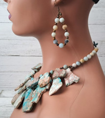 Slab Impression Jasper Blue Brown Amazonite Tigers Eye Huge Double Strand 273G