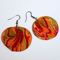 Large Dangle drop earrings RED and ORANGE marble swirl Handmade Upcycled