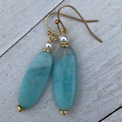 Min Favorit Blue Amazonite Stone, Freshwater Pearl & Gold Pl Artisan Earrings