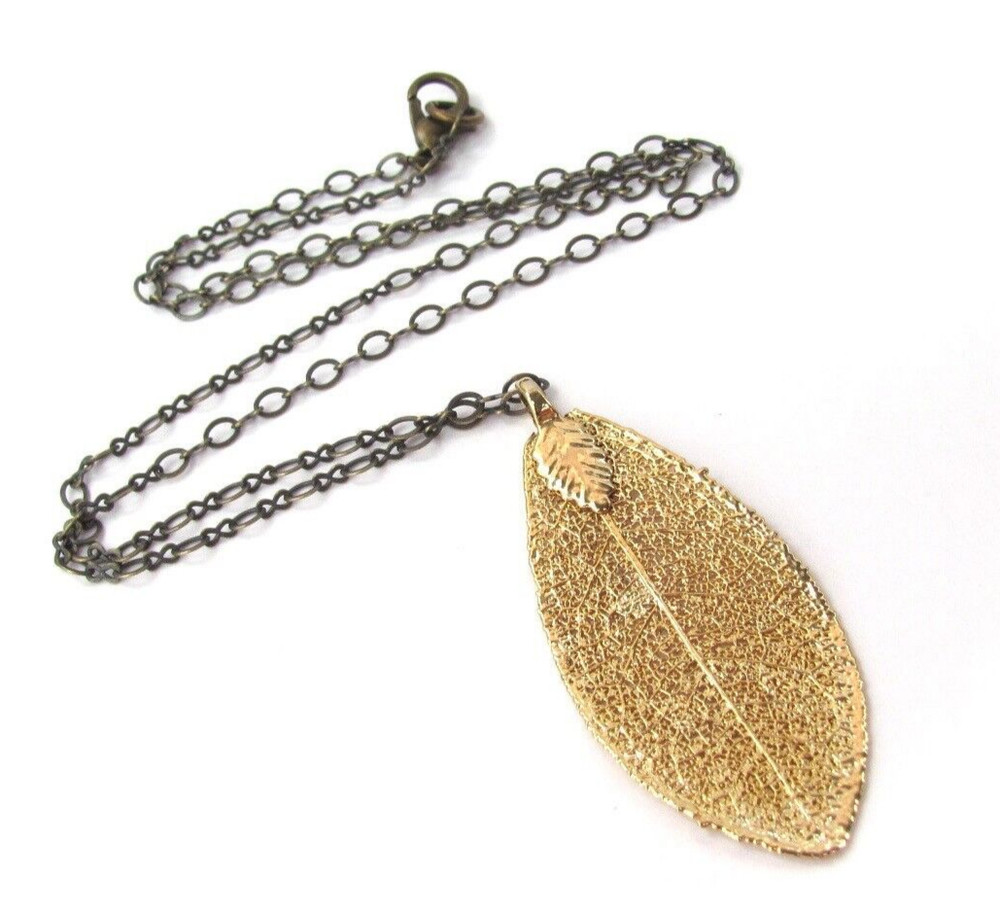 Gold Leaf Necklace Antiqued Brass Chain Gold Plated Boho Bohemian Ren Faire Gift