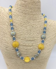 19″ Yellow Agate Necklace, Handmade Cloisonné, Silver-filled, Czech Glass, LJN18