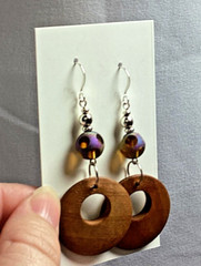 Handmade Wood & Multicolor Purple Green Beaded Earrings, Silver Plated Hooks