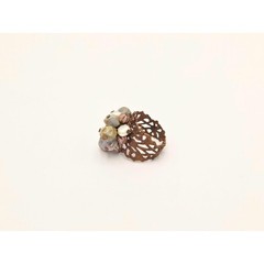Adjustable Beaded Cluster Ring • Filigree Band • Pearl & Earth‑Tone Boho Jewelry