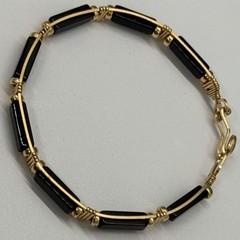 Artisan Black Onyx & Gold Tone Wire Wrapped Tube Bead Link Bracelet Handmade Vtg