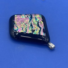 Handmade Dichroic Fused Glass Pendant Black Iridescent Pink Green 1.75”