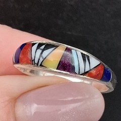 Zuni Style Inlay Band Ring Sterling Silver Size 8.5 Multi Stone Southwestern