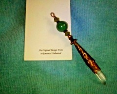 AVENTURINE Bead & Swarovski Crystal LEMURIAN Quartz Point PENDANT Wand Ornament