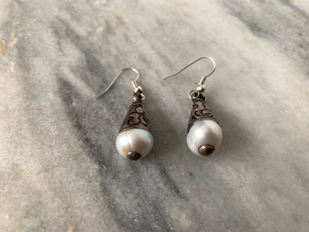 Pearl Earrings set in Tibetan Silver repousse, Sterling Silver Finding Earring 6