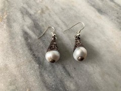Pearl Earrings set in Tibetan Silver repousse, Sterling Silver Finding Earring 6