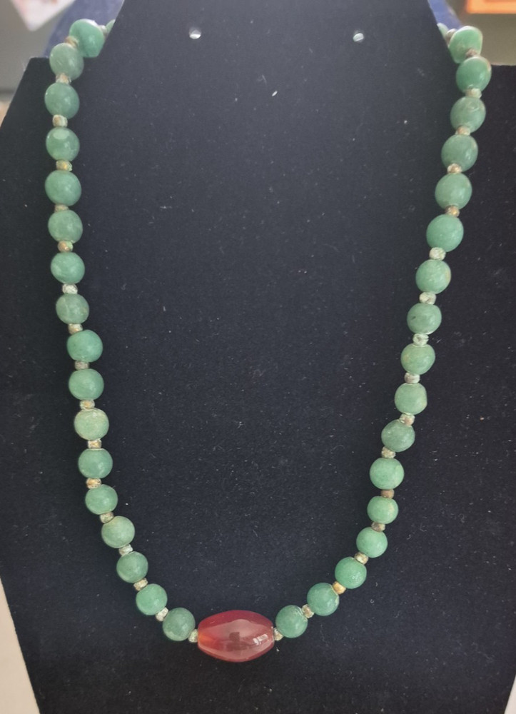 Green aventurine beads and a central orange stone necklace 18in