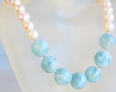 NATURAL BLUE LARGE MILKY AQUAMARINE WHITE PEARL 925 Silver NECKLACE Joy’s Jewels