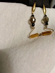 Handcrafted Gold Brown Black Glass Beaded Dangle Earrings Hook Bohemian Oval