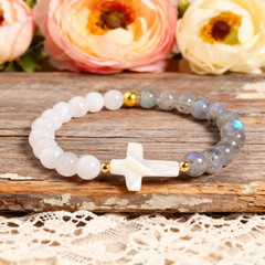 Natural Moonstone Labradorite Cross Charm Healing Crystal Beaded Faith Bracelet