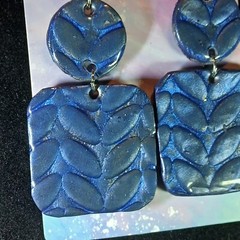 Navy Blue 2.5 Inch Square Shaped And Leaf Embossed Clay Earrings